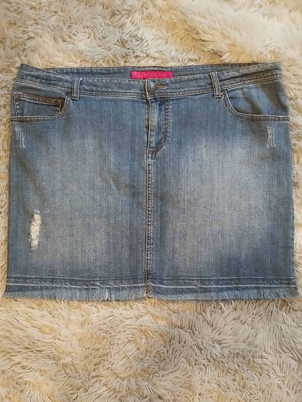Blue Denim Mini Skirt with Frayed Hem